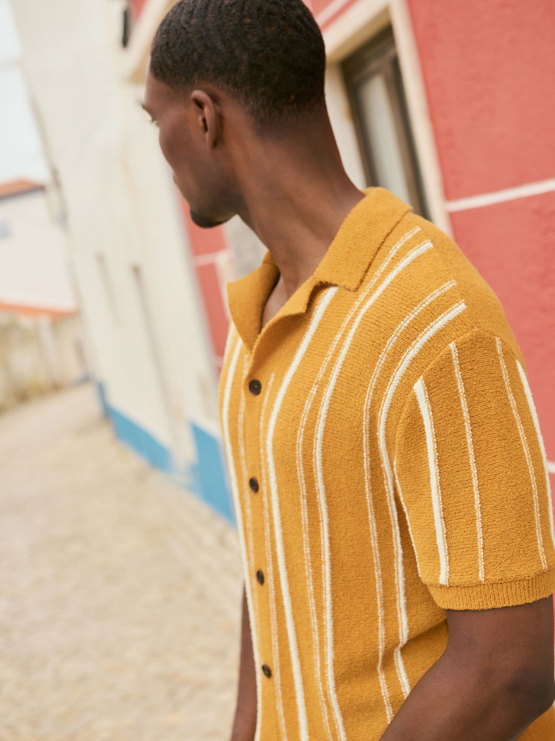 Buy Yellow Relaxed Fit Cotton Rich Short Sleeve Stripe Knit