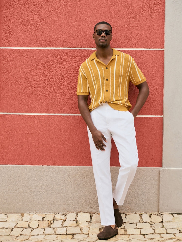 Yellow Relaxed Fit Cotton Rich Short Sleeve Stripe Knit Cuban Collar Shirt - Image 7 of 7