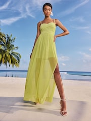 Lipsy Lime Green Embellished Pearl Strap Ruched Mesh Maxi Dress - Image 1 of 4