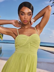 Lipsy Lime Green Embellished Pearl Strap Ruched Mesh Maxi Dress - Image 2 of 4