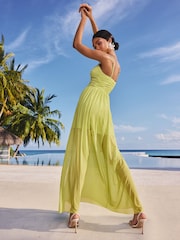 Lipsy Lime Green Embellished Pearl Strap Ruched Mesh Maxi Dress - Image 4 of 4