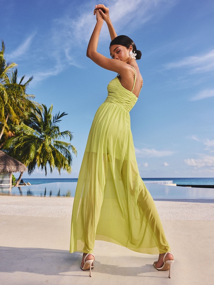Lipsy Lime Green Embellished Pearl Strap Ruched Mesh Maxi Dress - Image 4 of 4