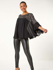 Roman Black Sequin Yoke Frilled Tunic Top - Image 2 of 5