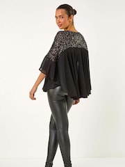 Roman Black Sequin Yoke Frilled Tunic Top - Image 3 of 5