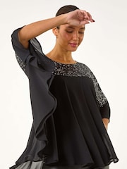 Roman Black Sequin Yoke Frilled Tunic Top - Image 4 of 5