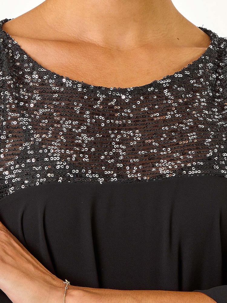 Roman Black Sequin Yoke Frilled Tunic Top - Image 5 of 5
