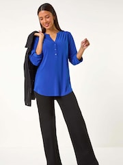 Roman Blue V-Neck Button Detail Stretch Shirt - Image 1 of 6