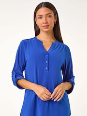 Roman Blue V-Neck Button Detail Stretch Shirt - Image 3 of 6
