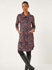 Roman Red Abstract Cowl Tab Detail Dress - Image 1 of 6