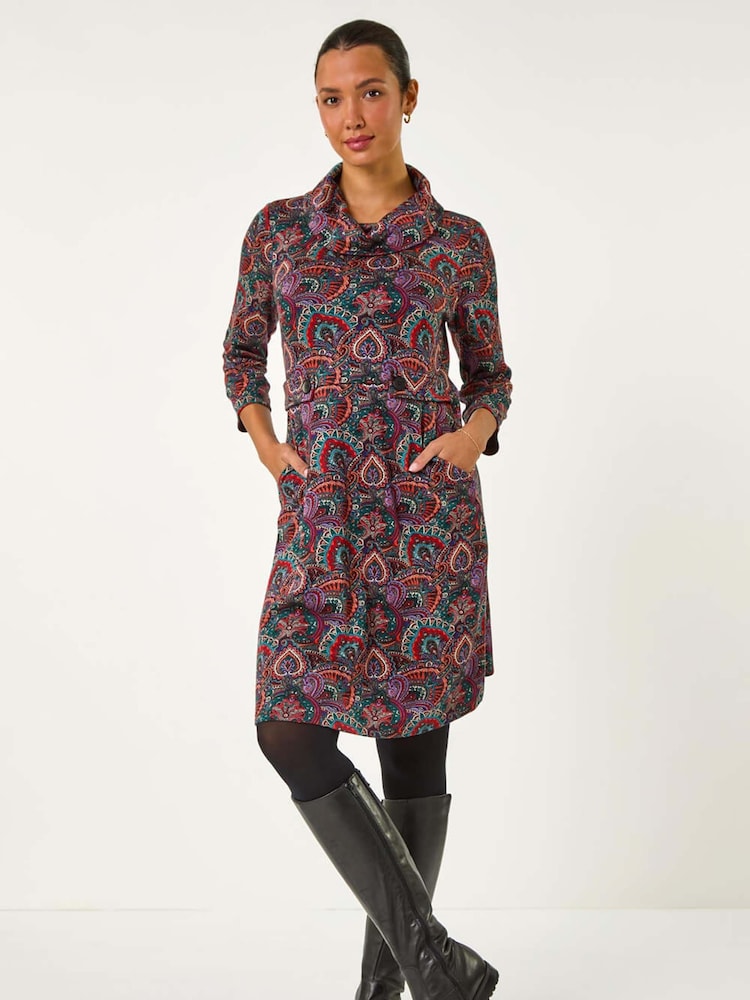 Roman Red Abstract Cowl Tab Detail Dress - Image 1 of 6