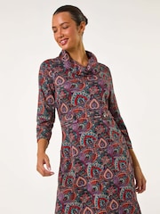 Roman Red Abstract Cowl Tab Detail Dress - Image 3 of 6