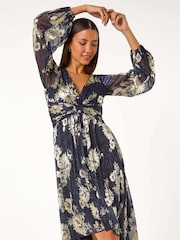 Roman Metallic Foil Print Twist Front V-Neck Plisse Dress - Image 1 of 6