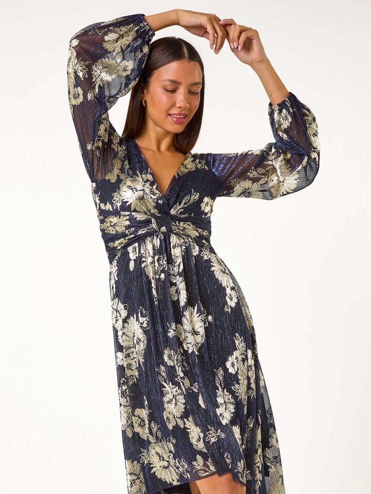 Roman Metallic Foil Print Twist Front V-Neck Plisse Dress - Image 1 of 6