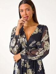 Roman Metallic Foil Print Twist Front V-Neck Plisse Dress - Image 4 of 6