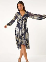 Roman Metallic Foil Print Twist Front V-Neck Plisse Dress - Image 6 of 6