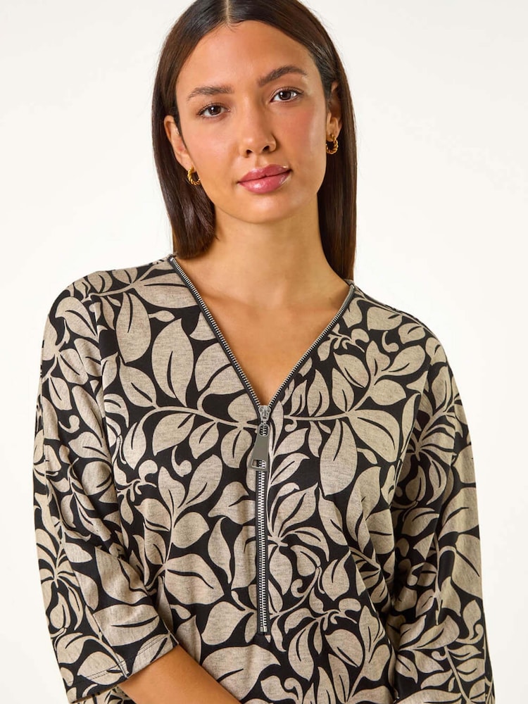 Roman Natural Leaf Print Front Zip Stretch Top - Image 1 of 5