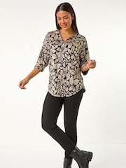 Roman Natural Leaf Print Front Zip Stretch Top - Image 2 of 5