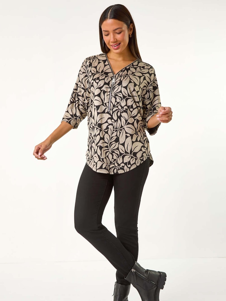 Roman Natural Leaf Print Front Zip Stretch Top - Image 2 of 5