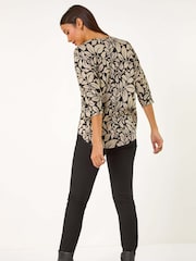 Roman Natural Leaf Print Front Zip Stretch Top - Image 3 of 5