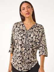 Roman Natural Leaf Print Front Zip Stretch Top - Image 4 of 5
