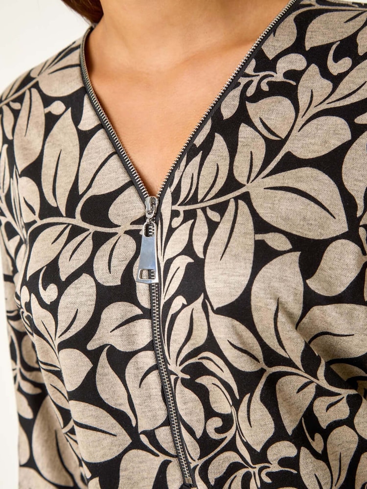 Roman Natural Leaf Print Front Zip Stretch Top - Image 5 of 5