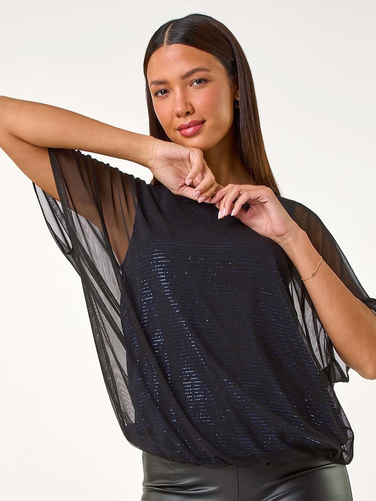 Roman Blue Sparkle Mesh Stretch Overlay Top - Image 1 of 6