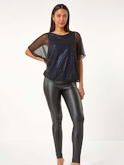 Roman Blue Sparkle Mesh Stretch Overlay Top - Image 3 of 6