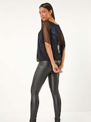 Roman Blue Sparkle Mesh Stretch Overlay Top - Image 4 of 6
