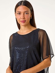 Roman Blue Sparkle Mesh Stretch Overlay Top - Image 5 of 6