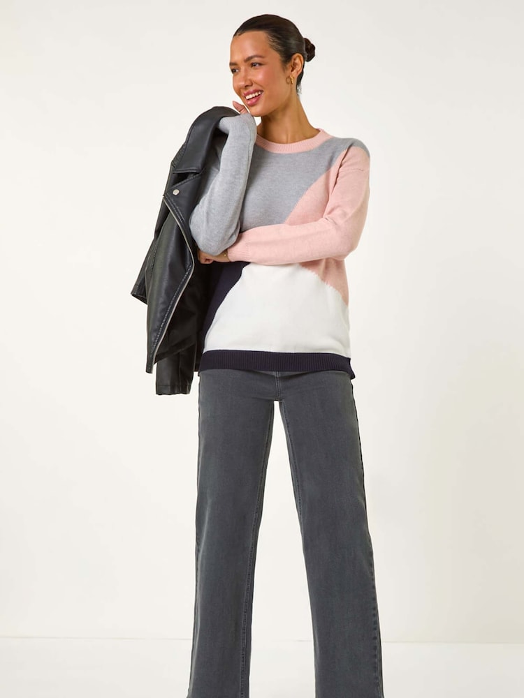 Roman Pink Colour Block Knitted Jumper - Image 1 of 5