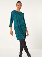 Roman Blue Leaf Print Zip Pocket Detail Dress - Image 1 of 6