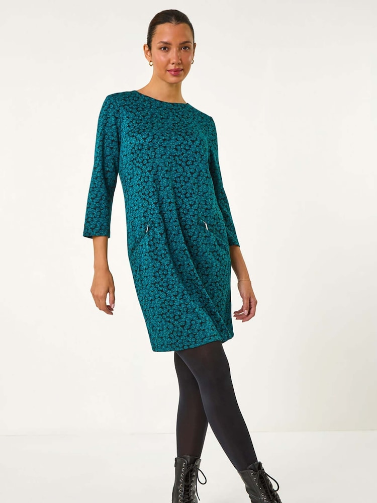 Roman Blue Leaf Print Zip Pocket Detail Dress - Image 1 of 6