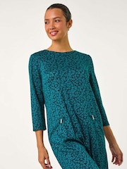 Roman Blue Leaf Print Zip Pocket Detail Dress - Image 3 of 6