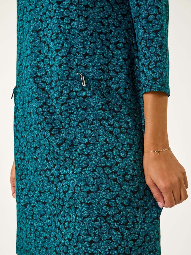 Roman Blue Leaf Print Zip Pocket Detail Dress - Image 6 of 6