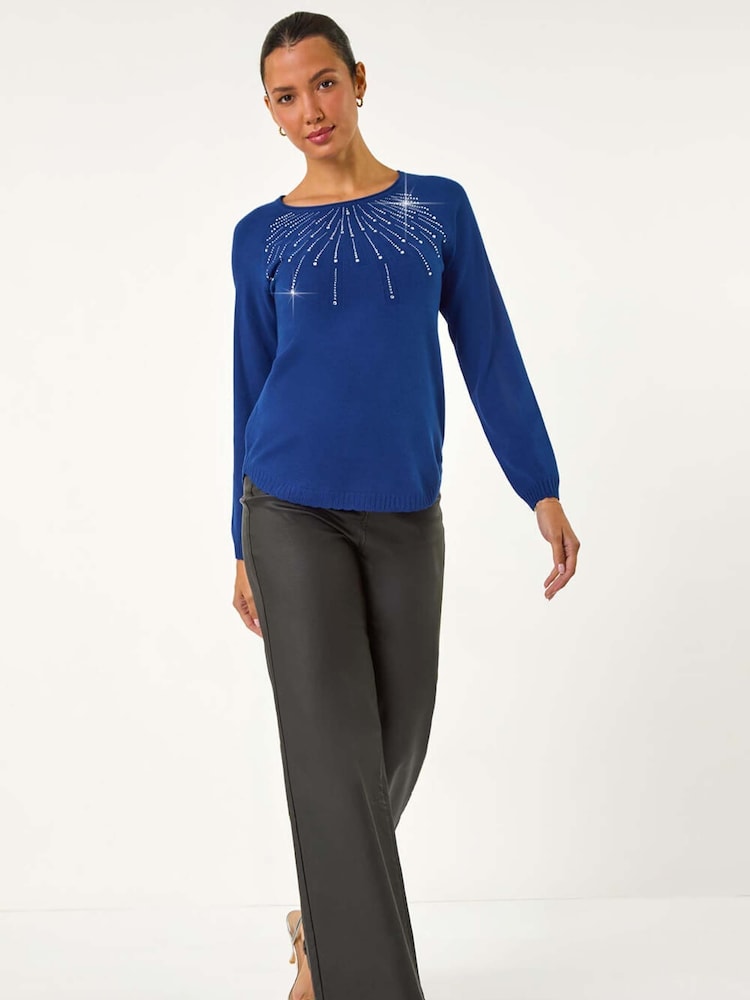 Roman Blue Sunray Embellished Crew Neck Knit Jumper - Image 1 of 5