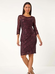 Roman Red Sequin Lace Overlay Ruched Dress - Image 1 of 5