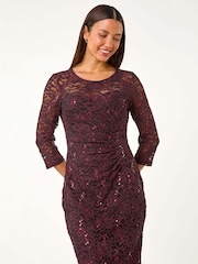 Roman Red Sequin Lace Overlay Ruched Dress - Image 2 of 5