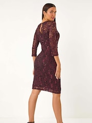 Roman Red Sequin Lace Overlay Ruched Dress - Image 3 of 5