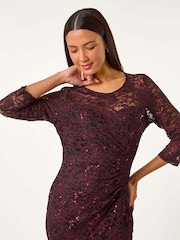 Roman Red Sequin Lace Overlay Ruched Dress - Image 4 of 5