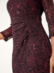 Roman Red Sequin Lace Overlay Ruched Dress - Image 5 of 5