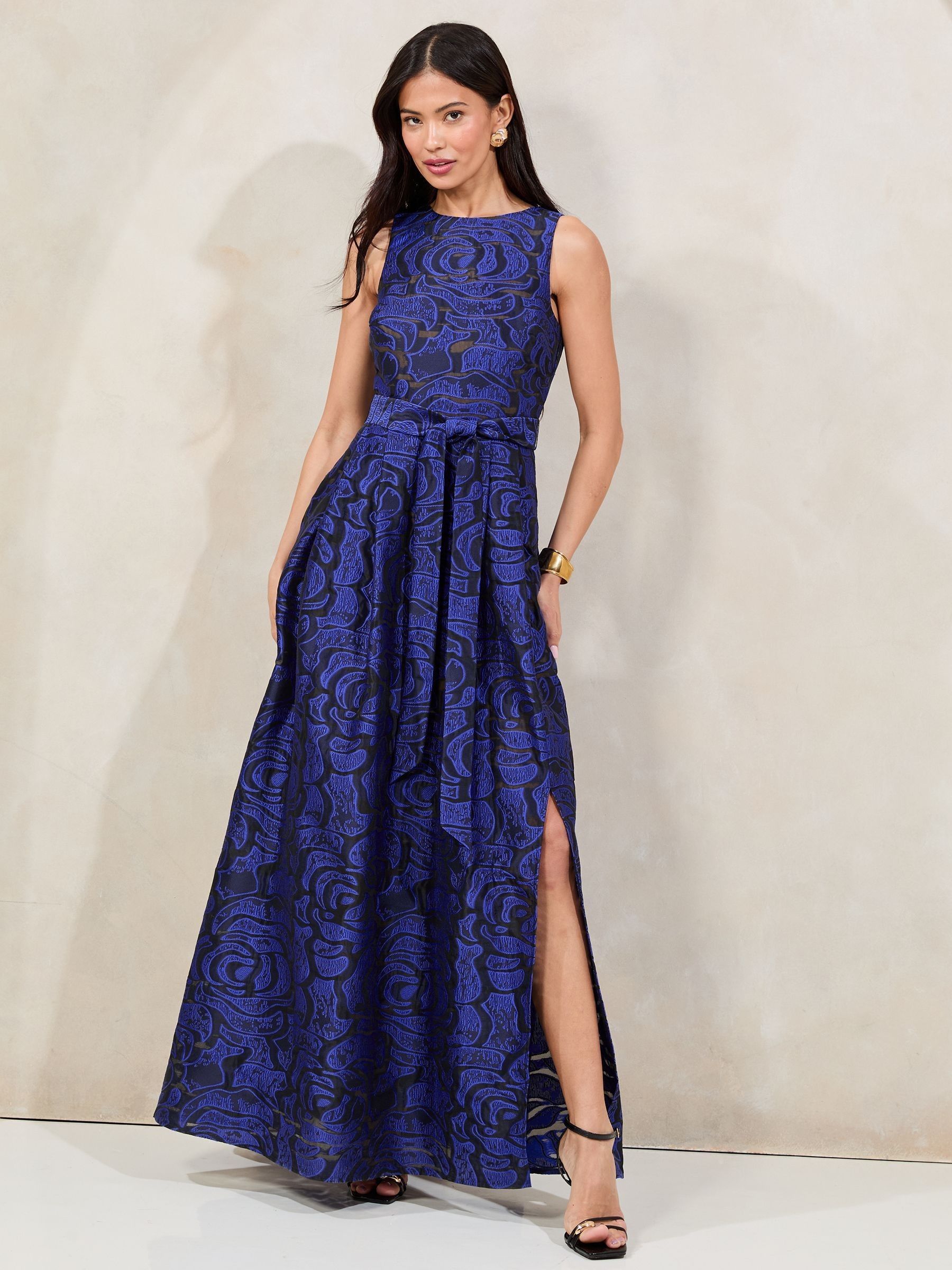 Lipsy Cobalt Blue Premium Textured Belted Prom Maxi Dress