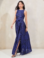 Lipsy Cobalt Blue Premium Textured Belted Prom Maxi Dress - Image 3 of 4