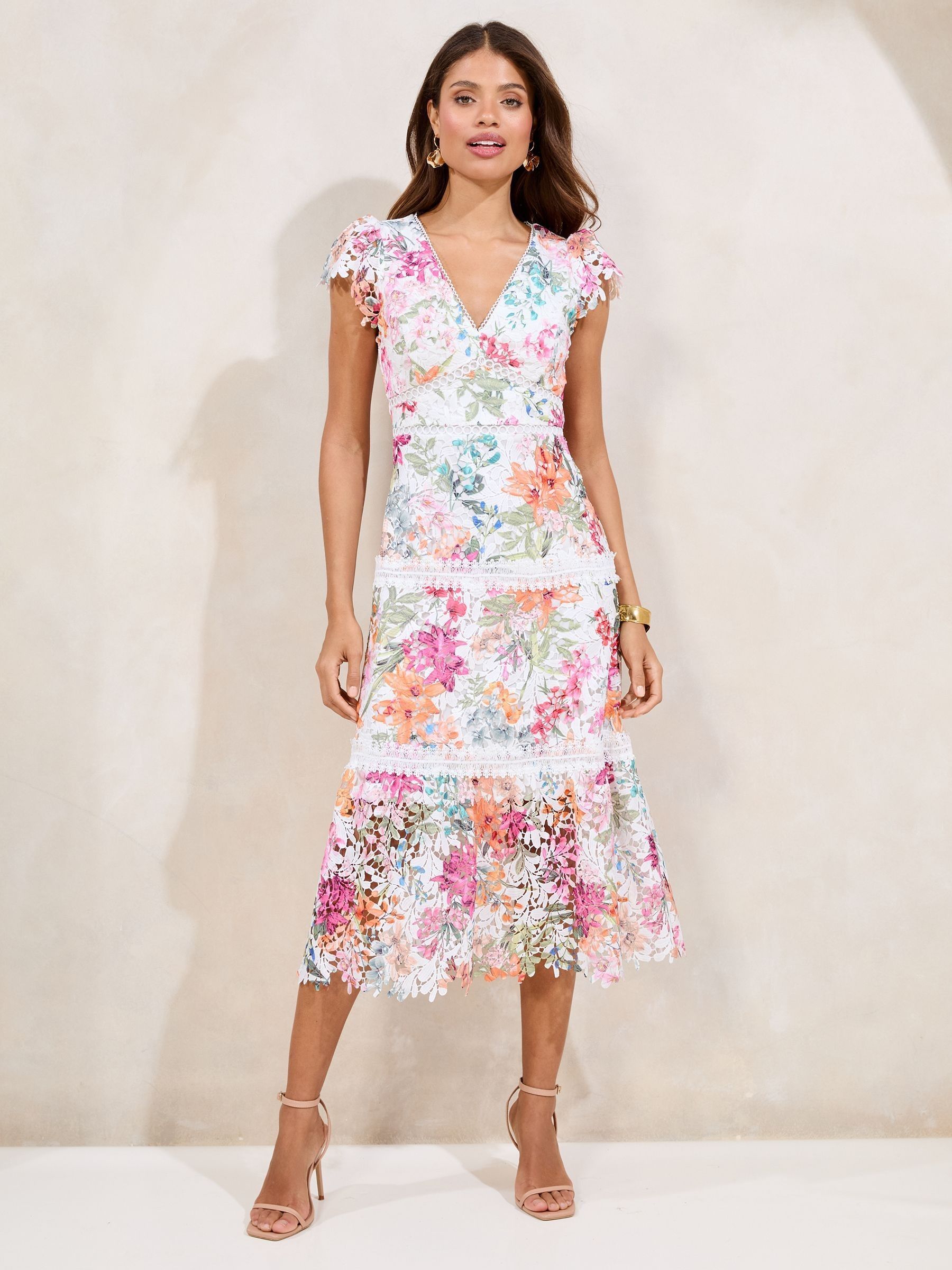 Lipsy White Floral Premium Broderie Lace Short Sleeve V-Neck High Low Midi Dress
