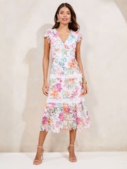 Lipsy White Floral Premium Broderie Lace Short Sleeve V-Neck High Low Midi Dress - Image 1 of 5
