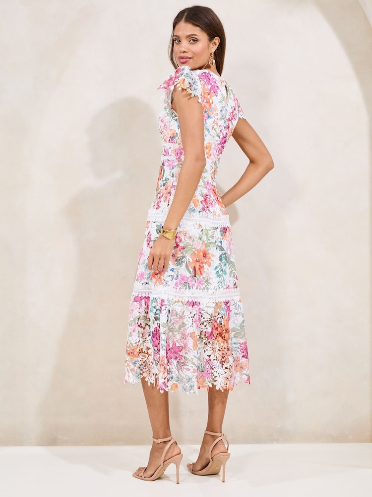 Lipsy White Floral Premium Broderie Lace Short Sleeve V-Neck High Low Midi Dress - Image 5 of 5