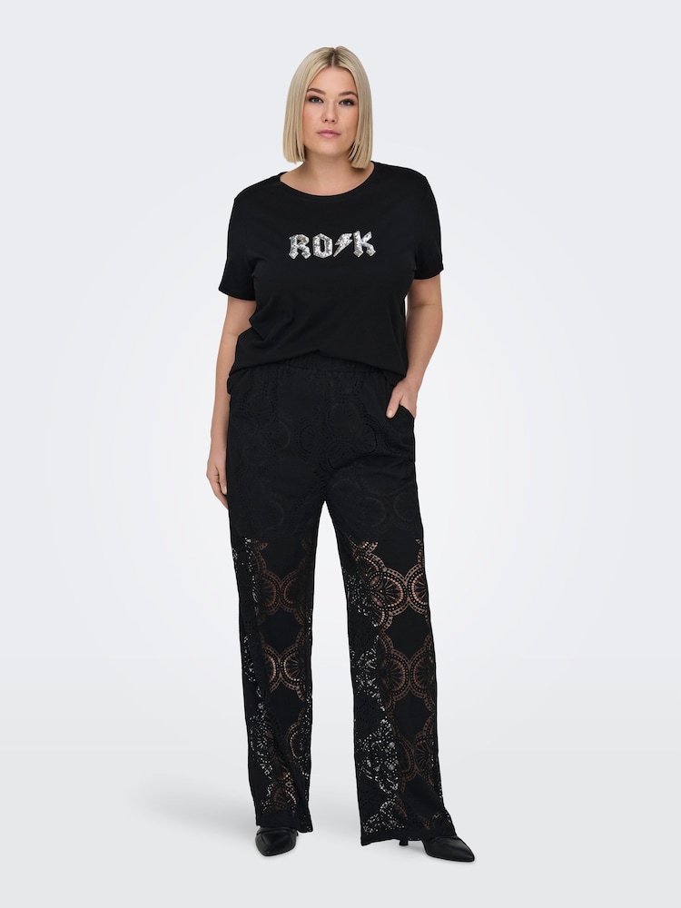 ONLY Curve Black Graphic Print Sequin Rock Short Sleeve 100% Cotton T-Shirt - Image 1 of 7
