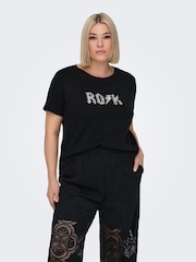 ONLY Curve Black Graphic Print Sequin Rock Short Sleeve 100% Cotton T-Shirt - Image 3 of 7
