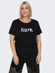 ONLY Curve Black Graphic Print Sequin Rock Short Sleeve 100% Cotton T-Shirt - Image 5 of 7