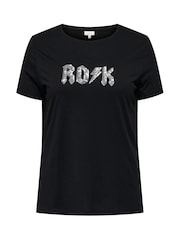 ONLY Curve Black Graphic Print Sequin Rock Short Sleeve 100% Cotton T-Shirt - Image 6 of 7