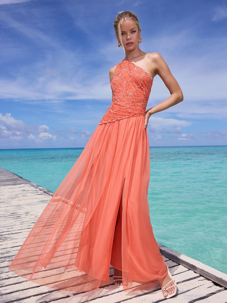 Lipsy Premium Embellished Textured One Shoulder Chiffon Maxi Dress - Imagen 1 de 4